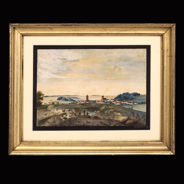 View of the danish town Vordingborg. Watercolor. Signed "Regine Petrea". Visible size: 29x40cm. With frame: 44x55cm