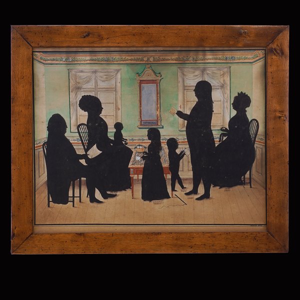Silhouette painting showing af family. Watercolor. Signed "Bruun 1832". Visible size: 34x44cm. With frame: 42x52cm