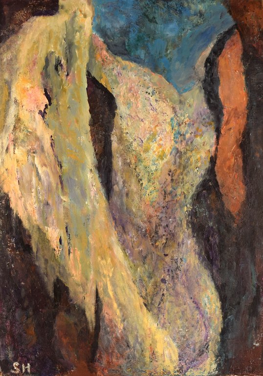 Sonja Henningsen, dansk kunstner. Olie på lærred. Abstrakt modernistisk 
komposition. 1970