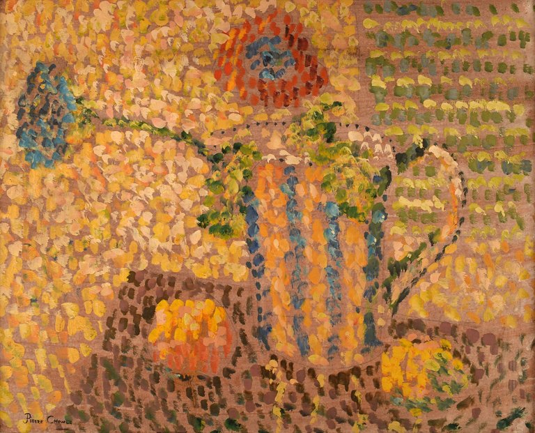 Pierre Chowee. Ubekendt kunstner. Olie på plade. Stilleben med blomster i kande i pointilistisk stil. 1960