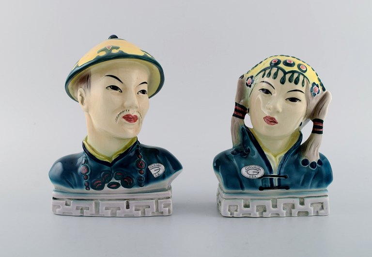 Goldscheider, USA. Two rare figures in hand-painted porcelain. Asian couple. Mid-20th century
