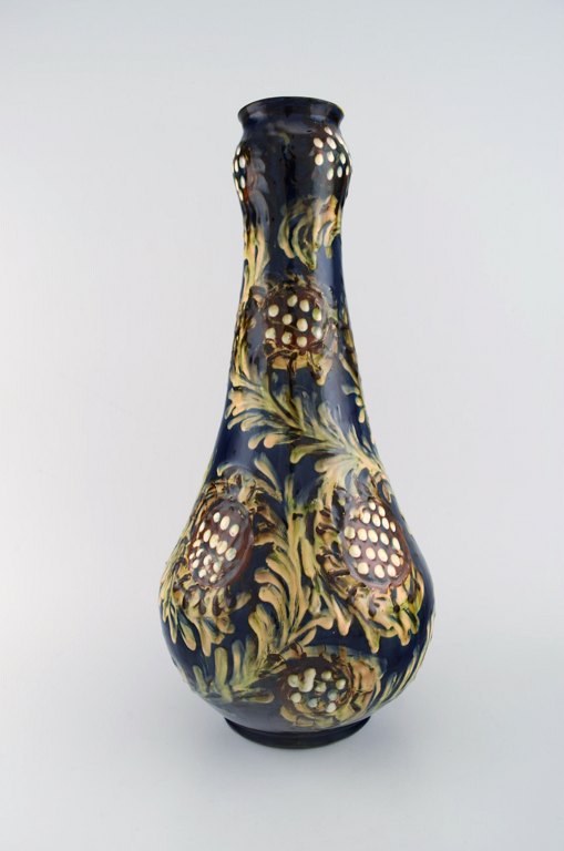 Kähler, HAK. Large vase in glazed stoneware. Flowers on blue background. 1930 / 40s.