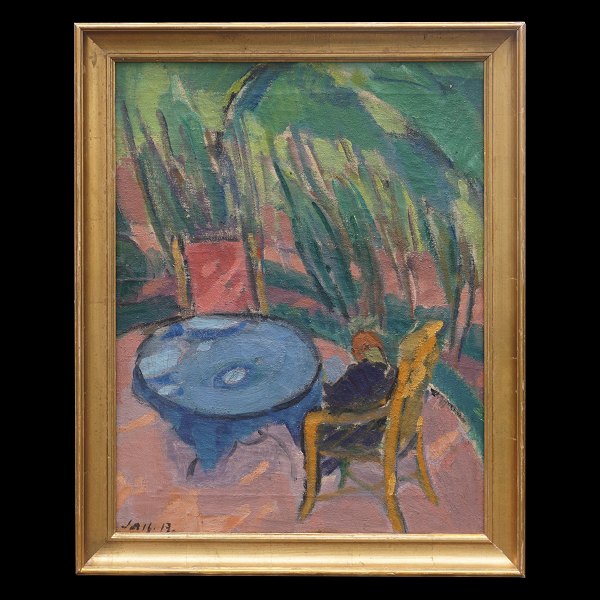Jais Nielsen, 1885-1961, oil on canvas. Woman reading a book. Signed and dated 1913. Visible size: 47x36cm. With frame: 55x44cm