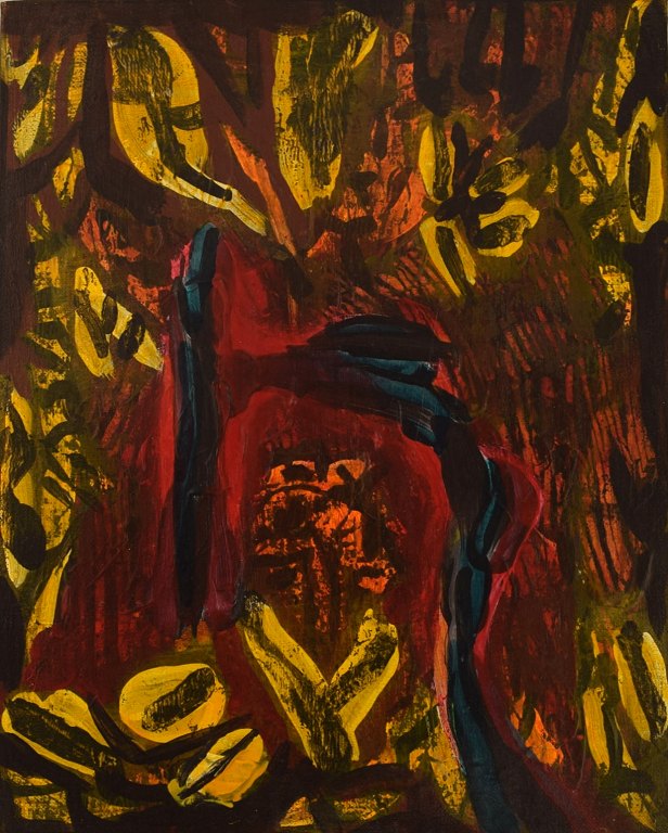 Ivy Lysdal, b 1937. Danish ceramist and painter. Acrylic on canvas. Abstract modernist painting. Colorful palette. Late 20th century.