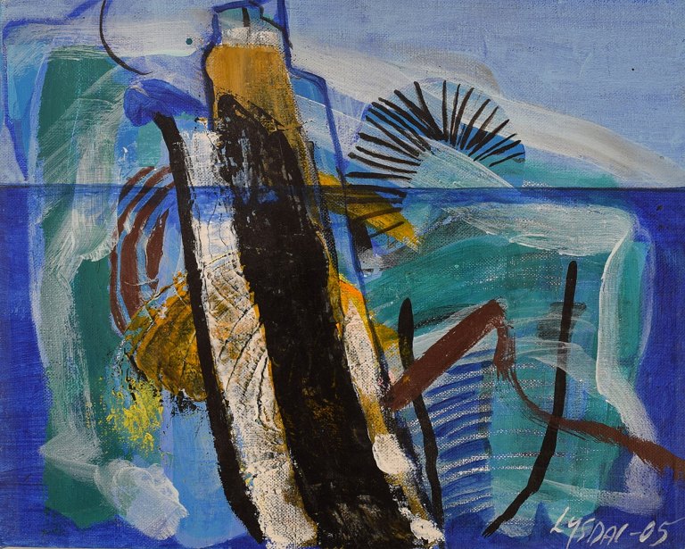Ivy Lysdal, b 1937. Danish ceramist and painter. Acrylic on canvas. Abstract modernist painting. Colorful palette. Dated 2005.