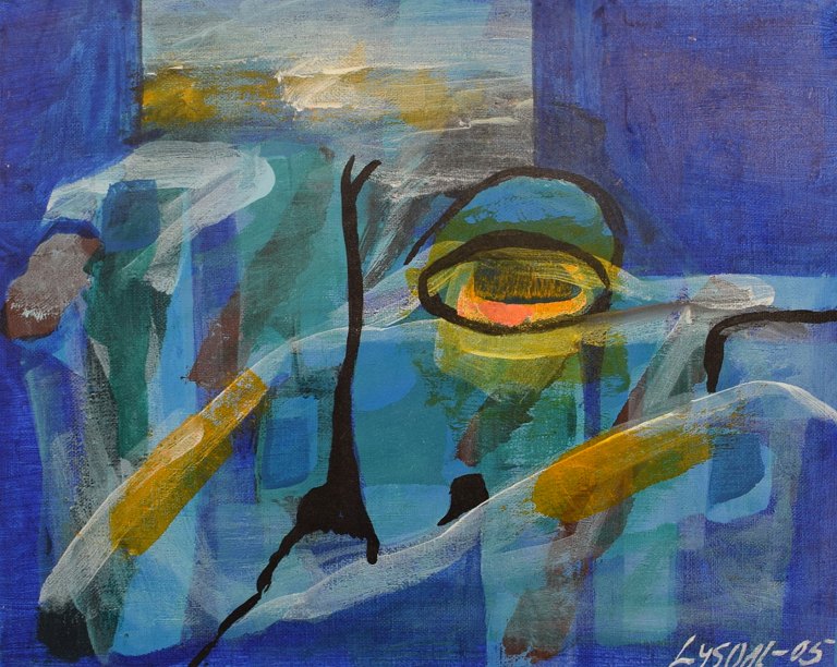 Ivy Lysdal, b 1937. Danish ceramist and painter. Acrylic on canvas. Abstract modernist painting. Colorful palette. Dated 2005.
