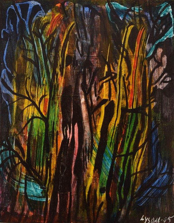 Ivy Lysdal, b 1937. Danish ceramist and painter. Acrylic on canvas. Abstract modernist painting. Colorful palette. Dated 2005.