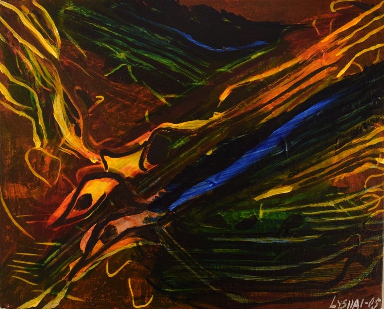 Ivy Lysdal, b 1937. Danish ceramist and painter. Acrylic on canvas. Abstract modernist painting. Colorful palette. Dated 2005.