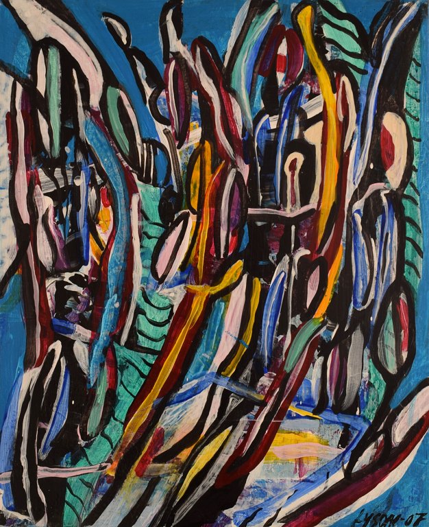 Ivy Lysdal, b 1937. Danish ceramist and painter. Acrylic on canvas. Abstract modernist painting. Colorful palette. Dated 2007.