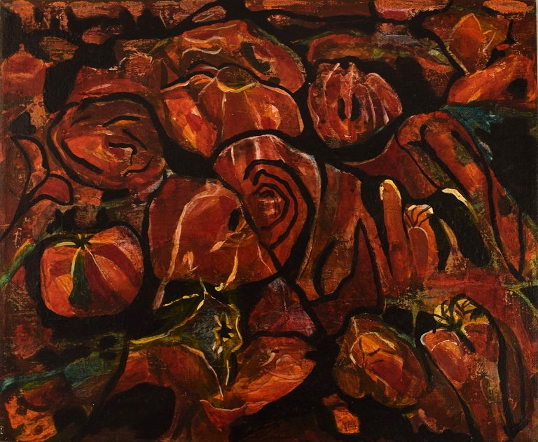 Ivy Lysdal, b 1937. Danish ceramist and painter. Acrylic on canvas. Abstract modernist painting. Colorful palette. Dated 1997.