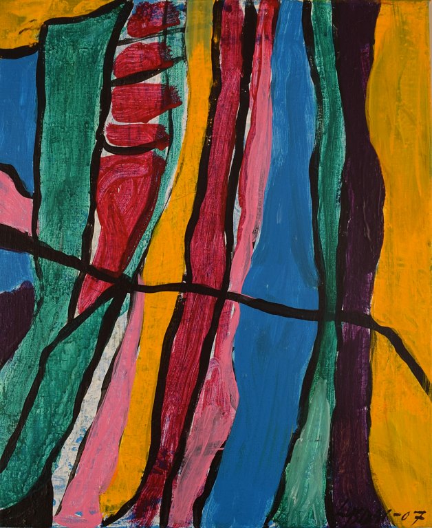 Ivy Lysdal, b 1937. Danish ceramist and painter. Acrylic on canvas. Abstract modernist painting. Colorful palette. Dated 2007.