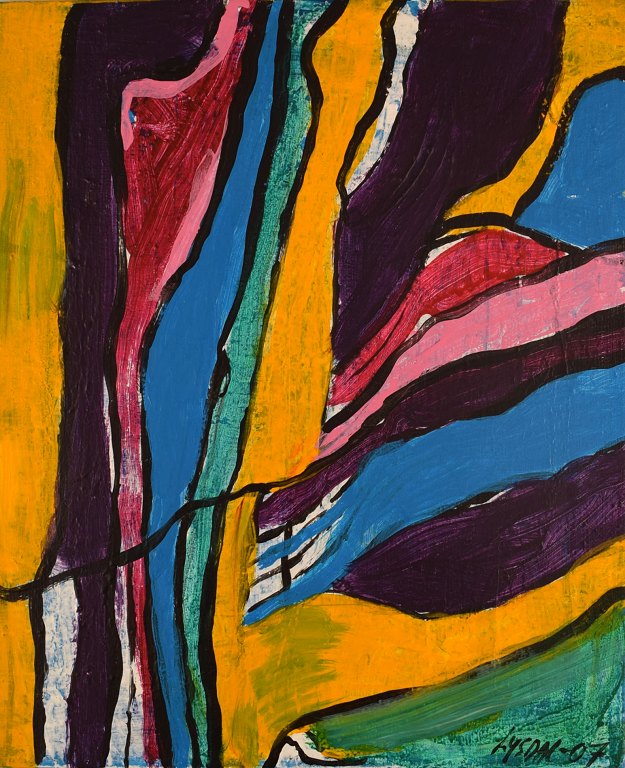 Ivy Lysdal, b 1937. Danish ceramist and painter. Acrylic on canvas. Abstract modernist painting. Colorful palette. Dated 2007.