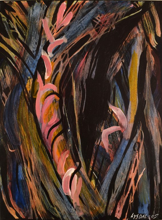 Ivy Lysdal, b 1937. Danish ceramist and painter. Acrylic on canvas. Abstract modernist painting. Colorful palette. Dated 2005.