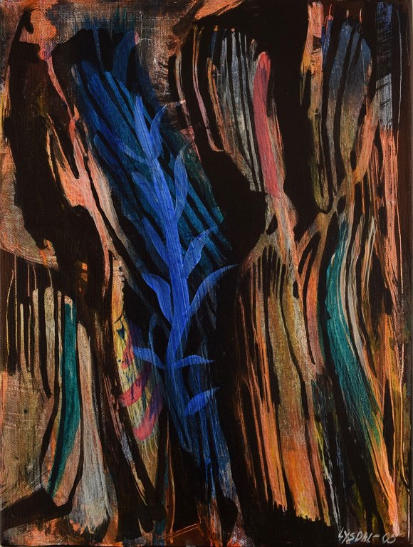 Ivy Lysdal, b 1937. Danish ceramist and painter. Acrylic on canvas. Abstract modernist painting. Colorful palette. Dated 2005.