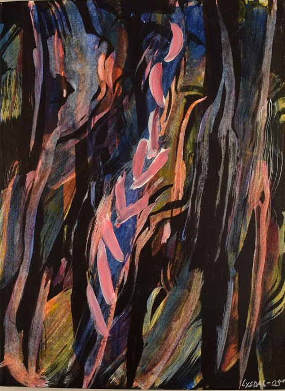 Ivy Lysdal, b 1937. Danish ceramist and painter. Acrylic on canvas. Abstract modernist painting. Colorful palette. Dated 2005.