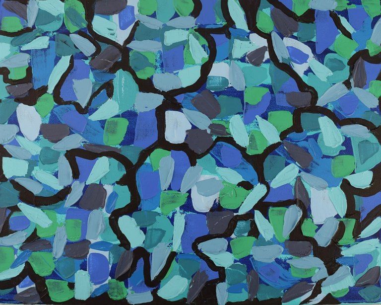 Ivy Lysdal, b 1937. Danish ceramist and painter. Acrylic on canvas. Abstract modernist painting. Colorful palette. Dated 2013.