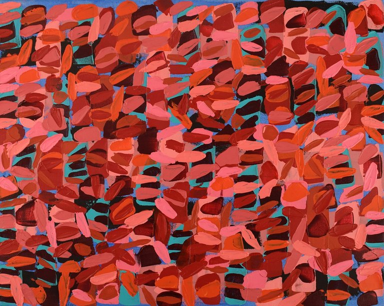 Ivy Lysdal, b 1937. Danish ceramist and painter. Acrylic on canvas. Abstract modernist painting. Colorful palette. Dated 2013.