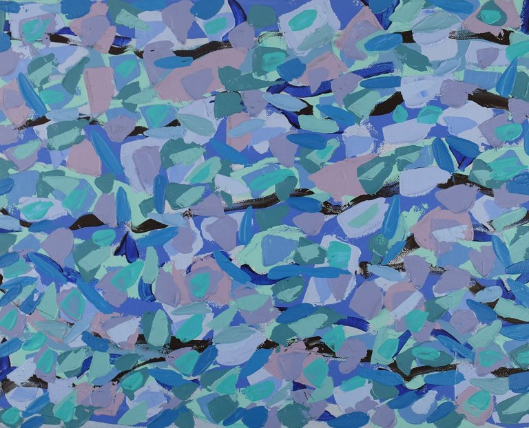 Ivy Lysdal, b 1937. Danish ceramist and painter. Acrylic on canvas. Abstract modernist painting. Colorful palette. Dated 2013.