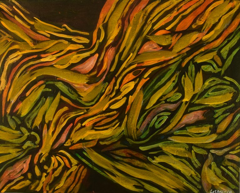 Ivy Lysdal, b 1937. Danish ceramist and painter. Acrylic on canvas. Abstract modernist painting. Colorful palette. Dated 2003.