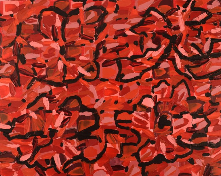 Ivy Lysdal, b 1937. Danish ceramist and painter. Acrylic on canvas. Abstract modernist painting. Colorful palette. Dated 2013.