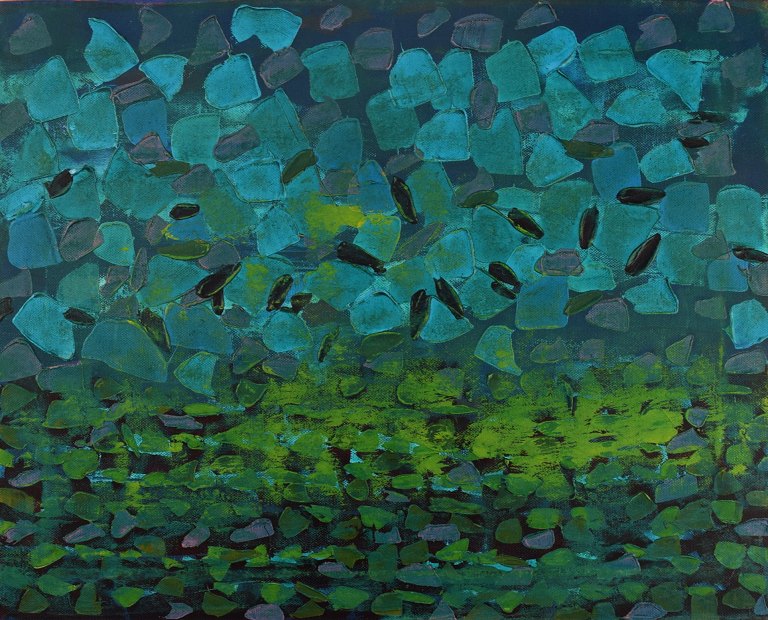 Ivy Lysdal, b 1937. Danish ceramist and painter. Acrylic on canvas. Abstract modernist painting. Colorful palette. Late 20th century.