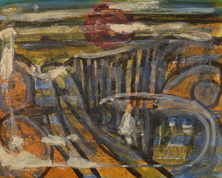 Ivy Lysdal, b 1937. Danish ceramist and painter. Acrylic on canvas. Abstract modernist painting. Colorful palette. Late 20th century.