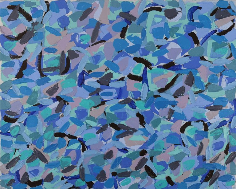 Ivy Lysdal, b 1937. Danish ceramist and painter. Acrylic on canvas. Abstract modernist painting. Colorful palette. Dated 2013.