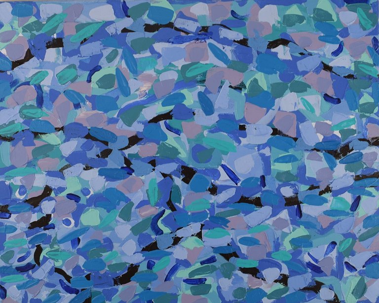 Ivy Lysdal, b 1937. Danish ceramist and painter. Acrylic on canvas. Abstract modernist painting. Colorful palette. Dated 2013.