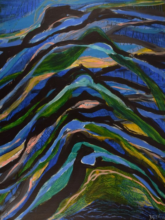 Ivy Lysdal, b 1937. Danish ceramist and painter. Acrylic on canvas. Abstract modernist painting. Colorful palette. Dated 2006.