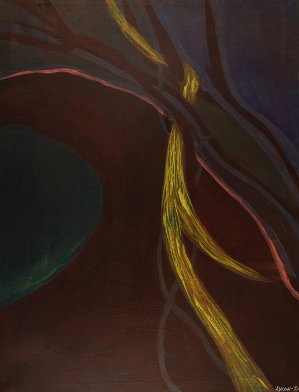 Ivy Lysdal, b 1937. Danish ceramist and painter. Acrylic on canvas. Abstract modernist painting. Colorful palette. Dated 1997.