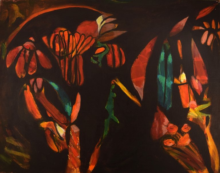 Ivy Lysdal, b 1937. Danish ceramist and painter. Acrylic on canvas. Abstract modernist painting. Colorful palette. Late 20th century.