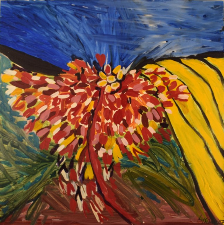 Ivy Lysdal, b 1937. Danish ceramist and painter. Acrylic on canvas. Abstract modernist painting. Colorful palette. Dated 2007.