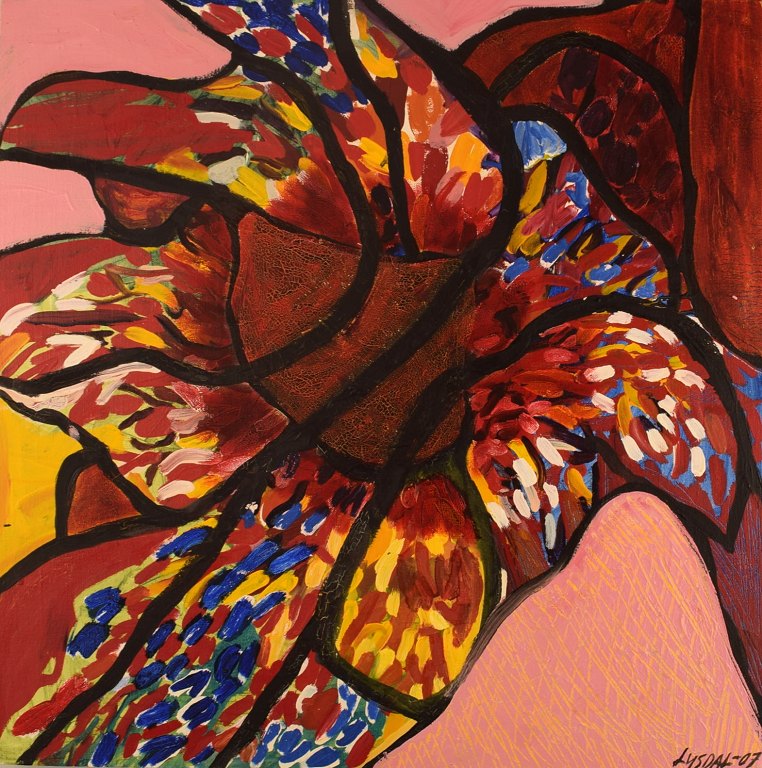 Ivy Lysdal, b 1937. Danish ceramist and painter. Acrylic on canvas. Abstract modernist painting. Colorful palette. Dated 2007.