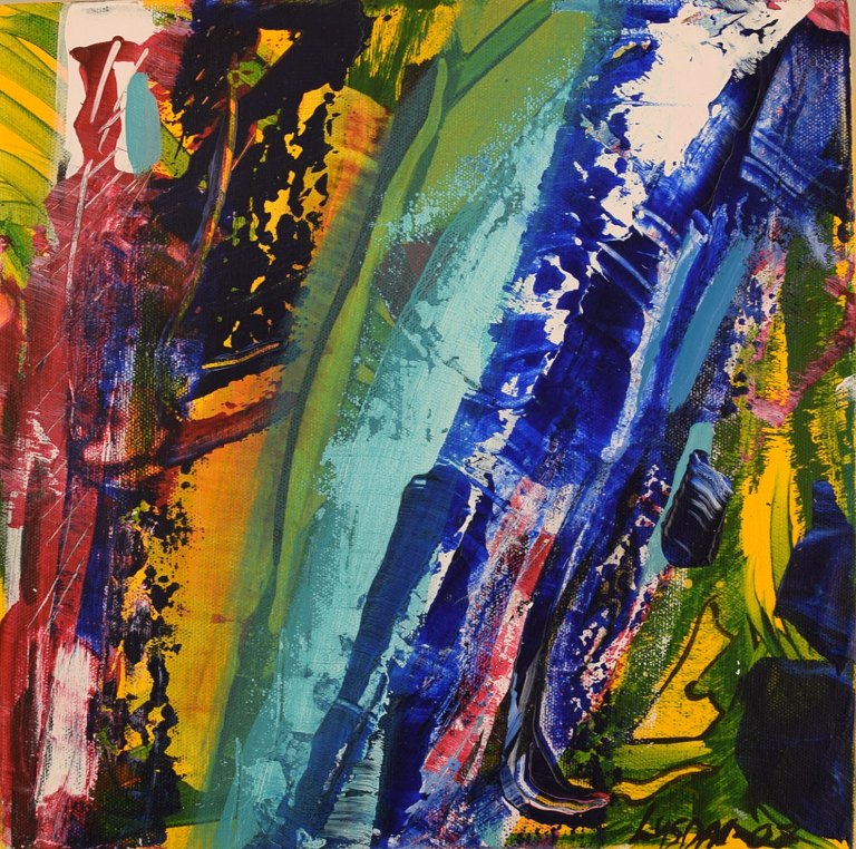 Ivy Lysdal, b 1937. Danish ceramist and painter. Acrylic on canvas. Abstract modernist painting. Colorful palette. Dated 2007.