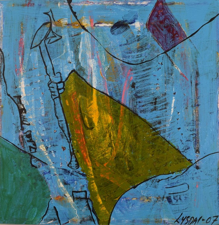 Ivy Lysdal, b 1937. Danish ceramist and painter. Acrylic on canvas. Abstract modernist painting. Colorful palette. Dated 2007.