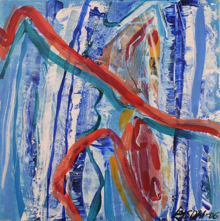 Ivy Lysdal, b 1937. Danish ceramist and painter. Acrylic on canvas. Abstract modernist painting. Colorful palette. Dated 2006.