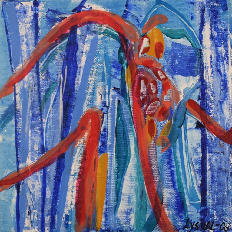 Ivy Lysdal, b 1937. Danish ceramist and painter. Acrylic on canvas. Abstract modernist painting. Colorful palette. Dated 2006.