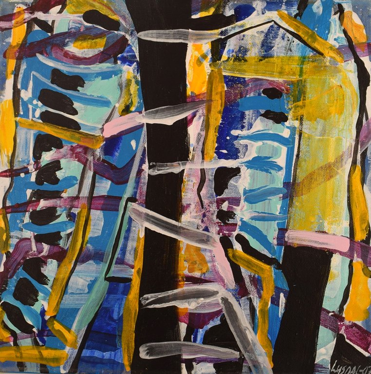 Ivy Lysdal, b 1937. Danish ceramist and painter. Acrylic on canvas. Abstract modernist painting. Colorful palette. Dated 2007.