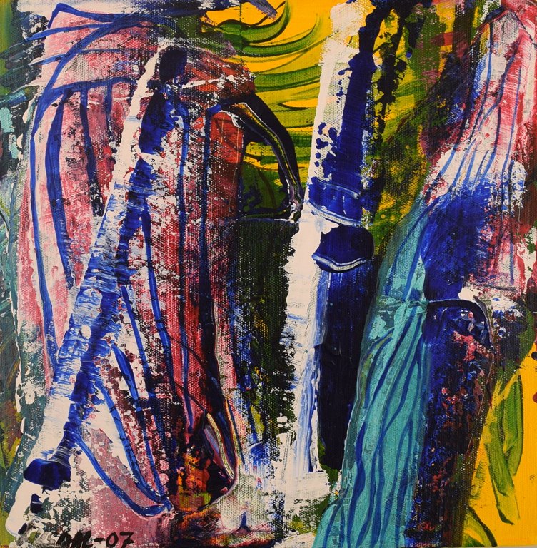 Ivy Lysdal, b 1937. Danish ceramist and painter. Acrylic on canvas. Abstract modernist painting. Colorful palette. Dated 2007.