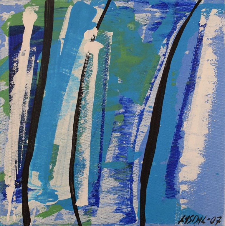 Ivy Lysdal, b 1937. Danish ceramist and painter. Acrylic on canvas. Abstract modernist painting. Colorful palette. Dated 2007.