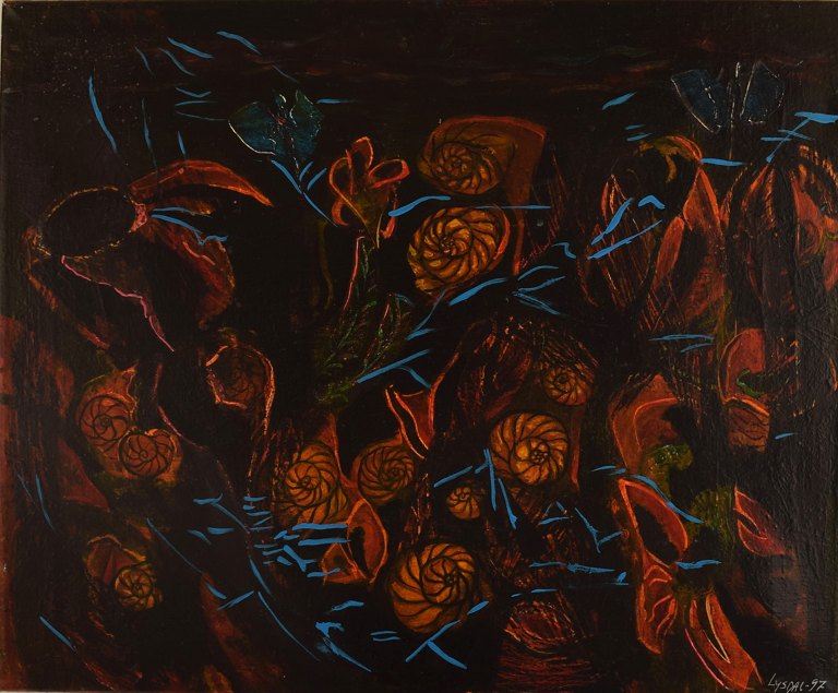 Ivy Lysdal, b 1937. Danish ceramist and painter. Acrylic on canvas. Abstract modernist painting. Colorful palette. Dated 1997.