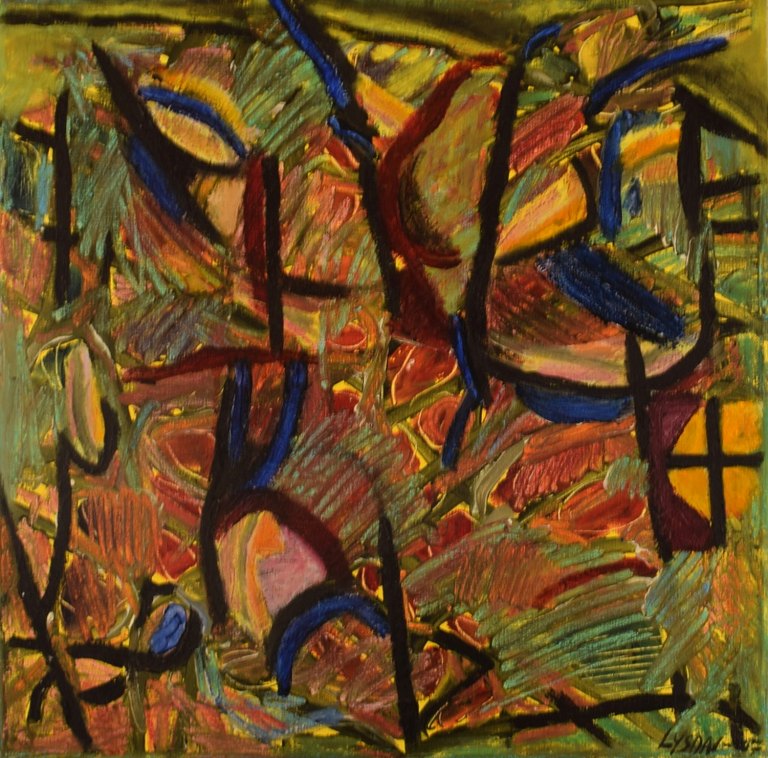 Ivy Lysdal, b 1937. Danish ceramist and painter. Acrylic on canvas. Abstract modernist painting. Colorful palette. Dated 2007.