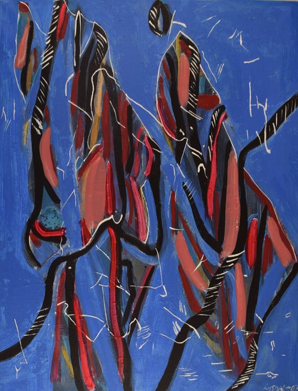 Ivy Lysdal, b 1937. Danish ceramist and painter. Acrylic on canvas. Abstract modernist painting. Colorful palette. Dated 2007.