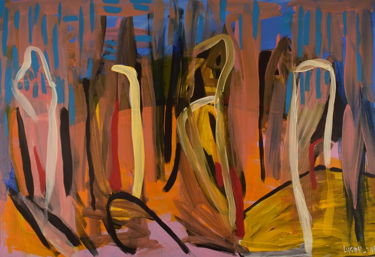 Ivy Lysdal, b 1937. Danish ceramist and painter. Acrylic on canvas. Abstract modernist painting. Colorful palette. Dated 2008.