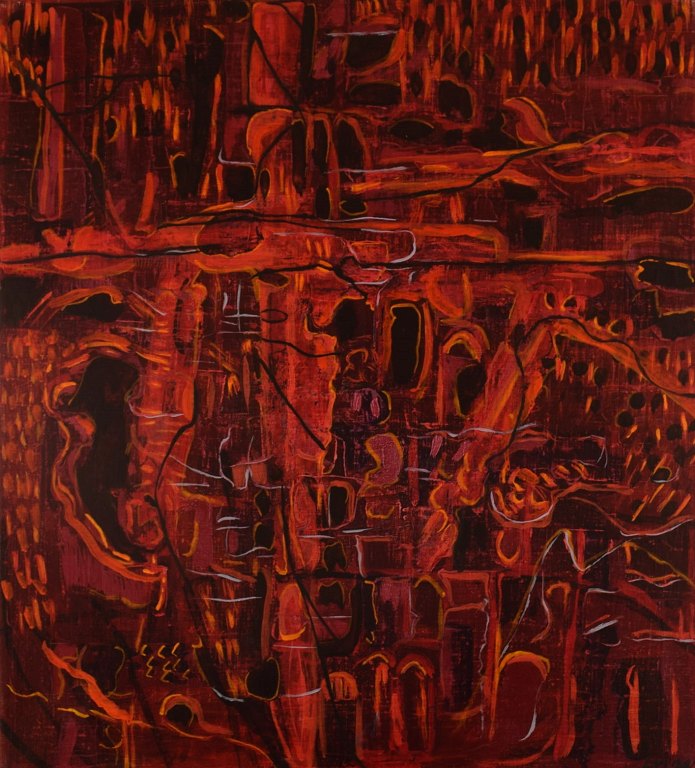 Ivy Lysdal, b 1937. Danish ceramist and painter. Acrylic on canvas. Abstract modernist painting. Colorful palette. Dated 1997.