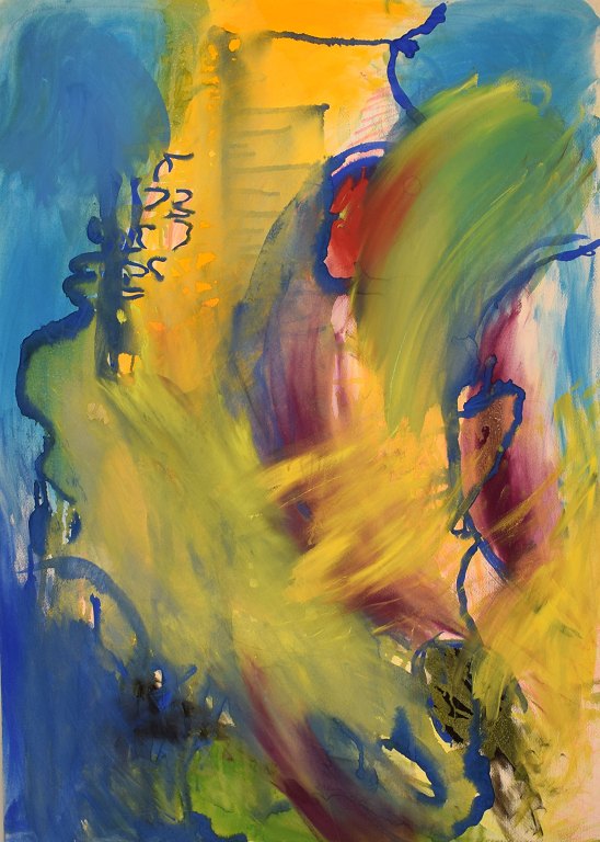 Ivy Lysdal, b 1937. Danish ceramist and painter. Gouache on cardboard. Abstract modernist painting. Colorful palette. Dated 1992.