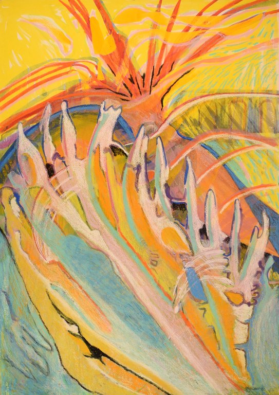 Ivy Lysdal, f 1937. Dansk keramiker og kunstmaler. Gouache og oliekridt på karton. Abstrakt modernistisk maleri. Koloristisk palette. Dateret 1991.