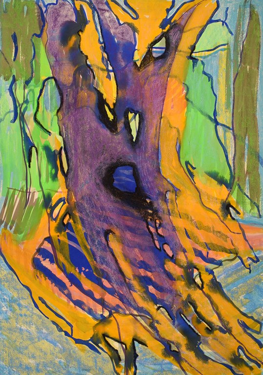 Ivy Lysdal, b 1937. Danish ceramist and painter. Gouache and oil crayon on cardboard. Abstract modernist painting. Colorful palette. Dated 1991.