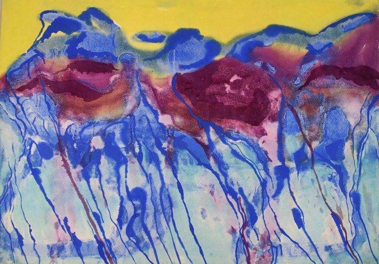Ivy Lysdal, b 1937. Danish ceramist and painter. Gouache on cardboard. Abstract modernist painting. Colorful palette. Late 20th century.