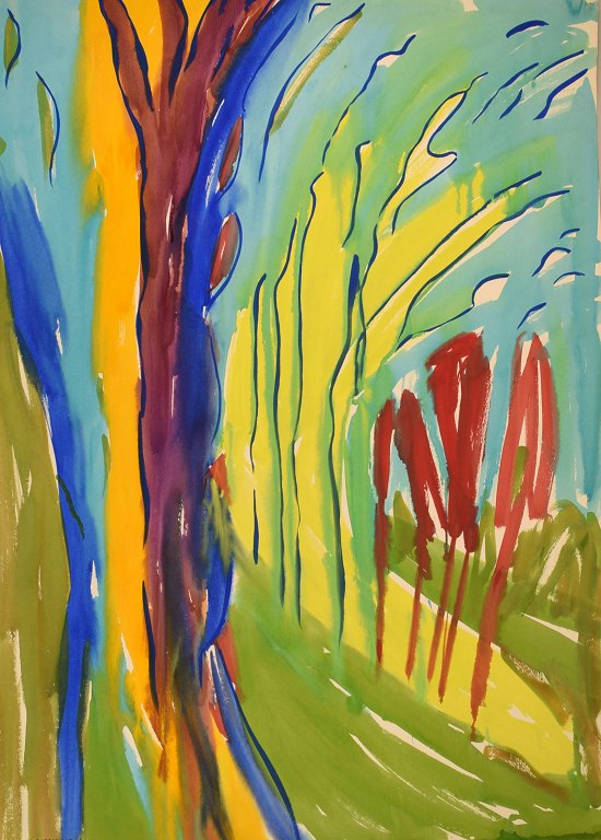 Ivy Lysdal, f 1937. Dansk keramiker og kunstmaler. Gouache på karton. Abstrakt modernistisk maleri. Koloristisk palette. Sent 1900-tallet.